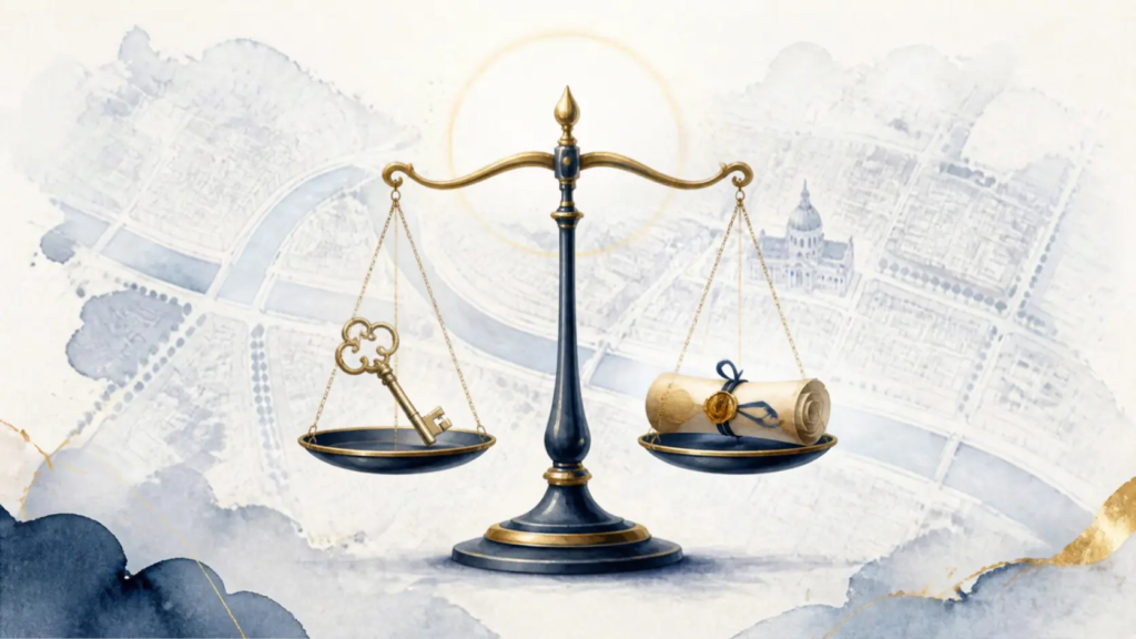 Comment calculer la valeur de l'usufruit et de la nue-propriété ? Balance représentant le calcul de la valeur de l'usufruit et de la nue-propriété | Lévine Immobilier