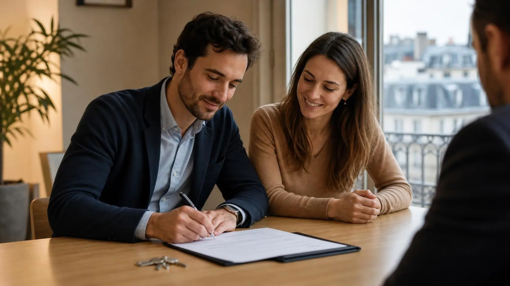 Couple signant une offre de prêt immobilier pour un appartement parisien | Lévine Immobilier