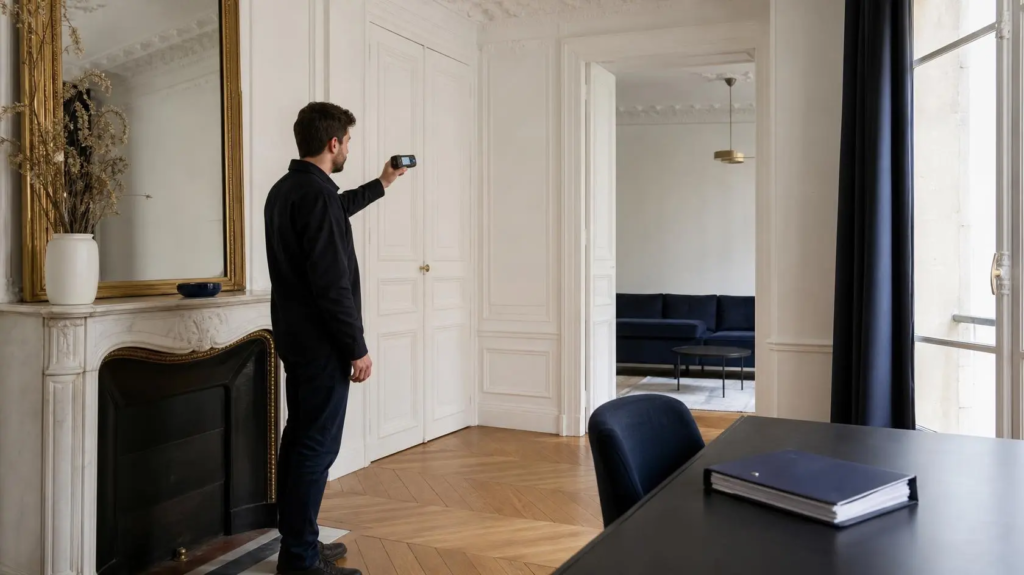Diagnostiqueur certifié mesurant un appartement haussmannien parisien avant une vente | Lévine Immobilier