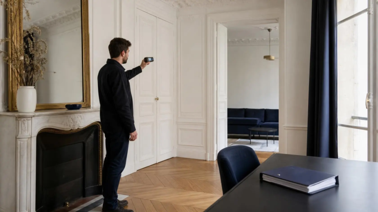 Diagnostiqueur certifié mesurant un appartement haussmannien parisien avant une vente | Lévine Immobilier