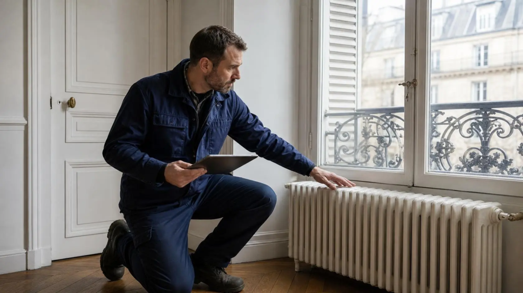 DPE : définition et 7 clés essentielles pour comprendre l'étiquette énergie 1 Diagnostiqueur relevant les équipements de chauffage d'un appartement pour calculer le DPE | Lévine Immobilier