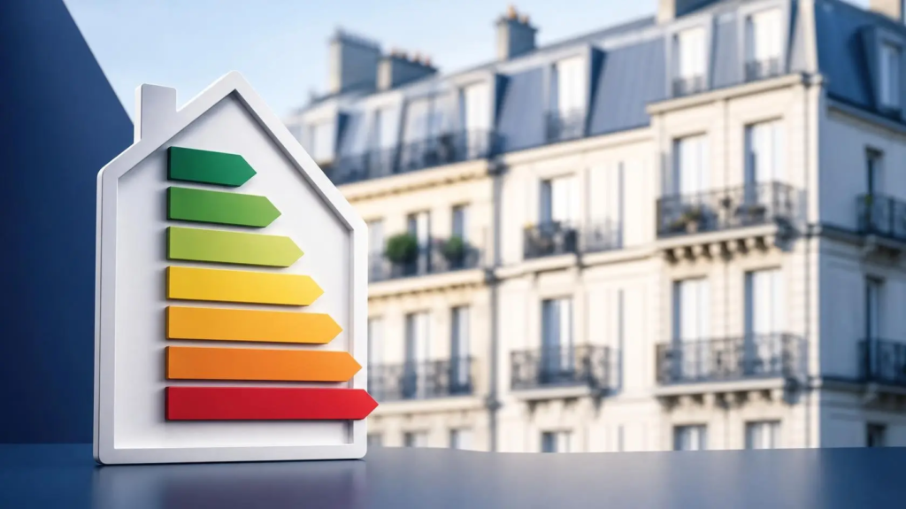 Étiquette énergie de A à G affichée devant un immeuble parisien | Lévine Immobilier