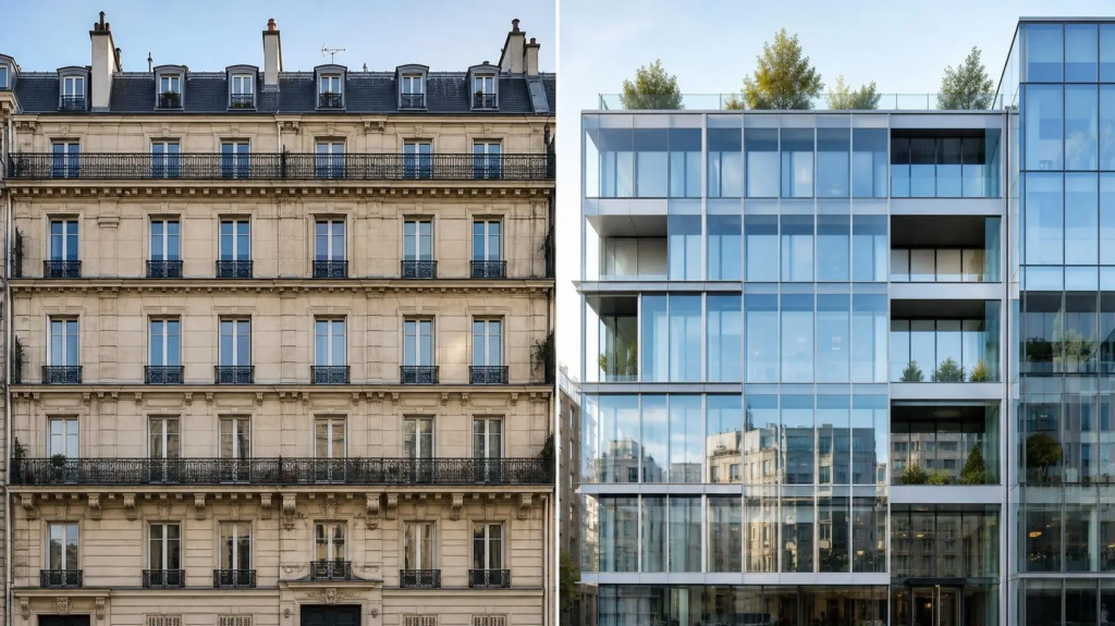 açade d'immeuble ancien de la rue Monge à Paris 5e face à une résidence récente du 13e | Lévine Immoblier