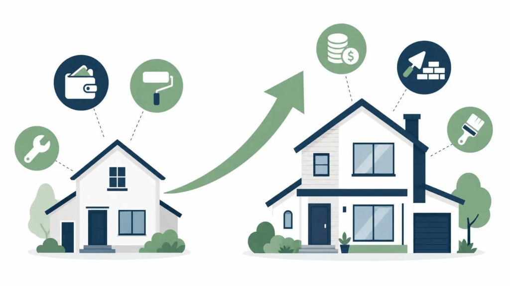 Schéma du calcul de la plus-value immobilière entre prix d'achat et prix de vente | Lévine Immobilier