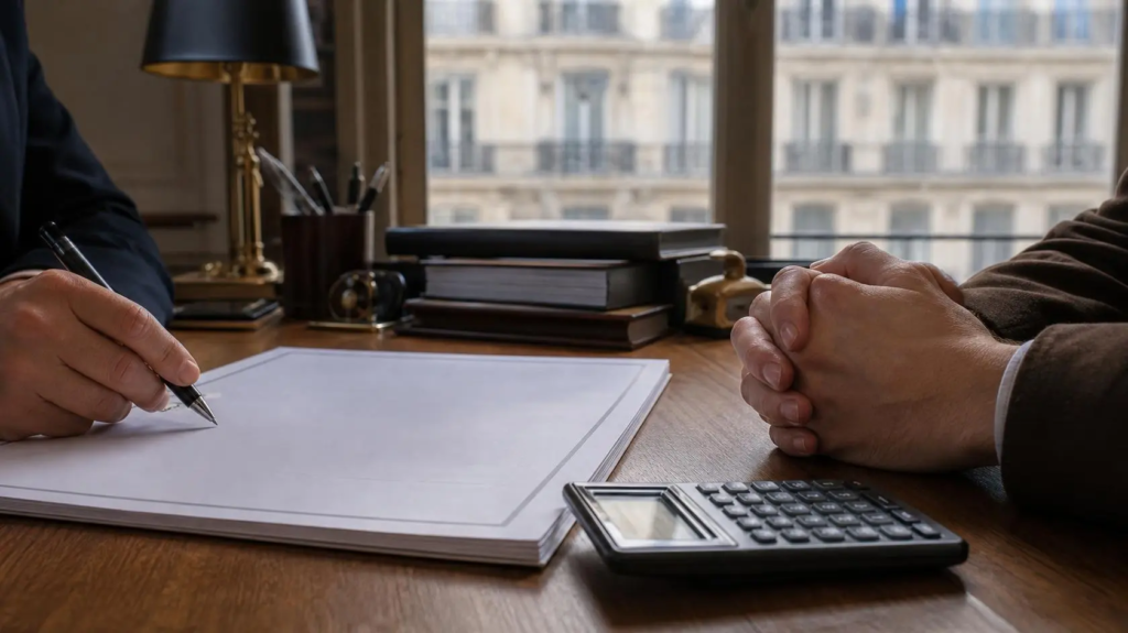 Vendeur et notaire calculant une plus-value immobilière lors d'une vente à Paris | Lévine Immobilier